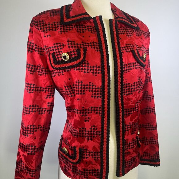 Vintage 80s Anne Crimmins Red & Black 100% Silk Blazer Business Jacket Size 12 - Picture 2 of 9